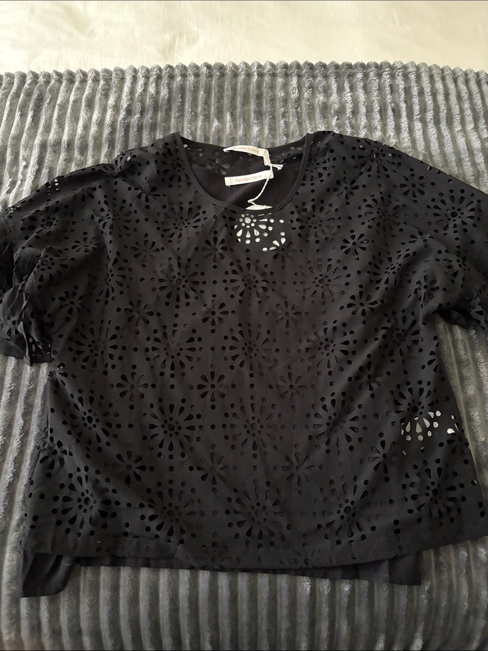 See By Chloe Black Eyelet Floral Cutout Tee
